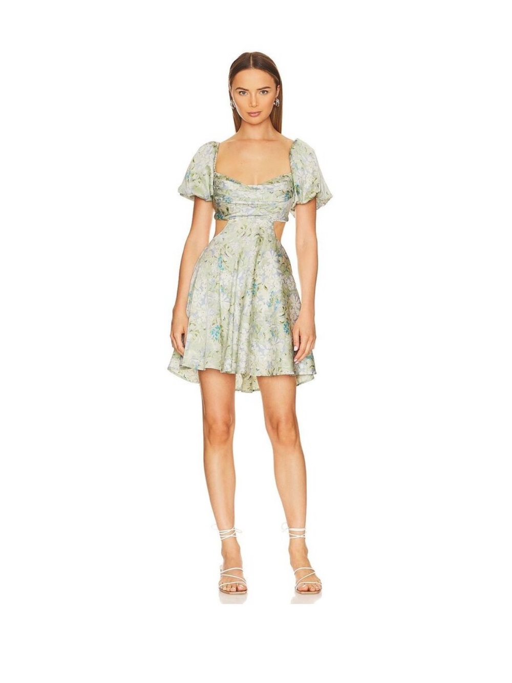 ASTR the Label Clarita Dress Light Green Floral Puff-Sleeve Cutout Mini Dress
